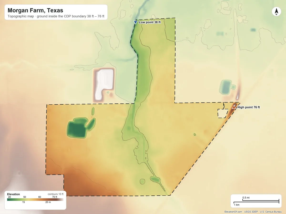 Topographic elevation map of Morgan Farm, Texas, shaded from 38 ft on the north side to 76 ft on the east side