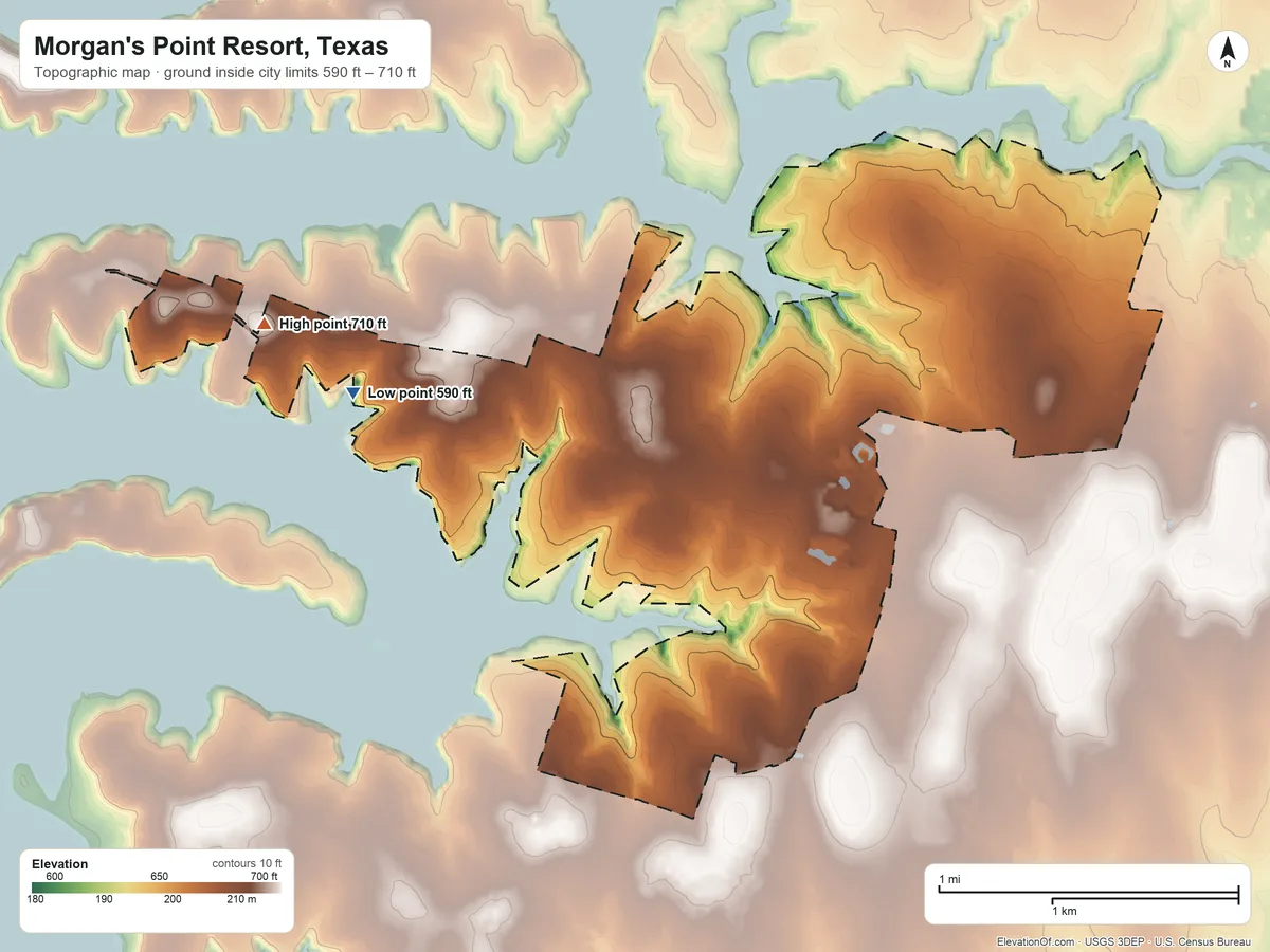 Topographic elevation map of Morgan's Point Resort, Texas, shaded from 590 ft on the west side to 710 ft on the west side