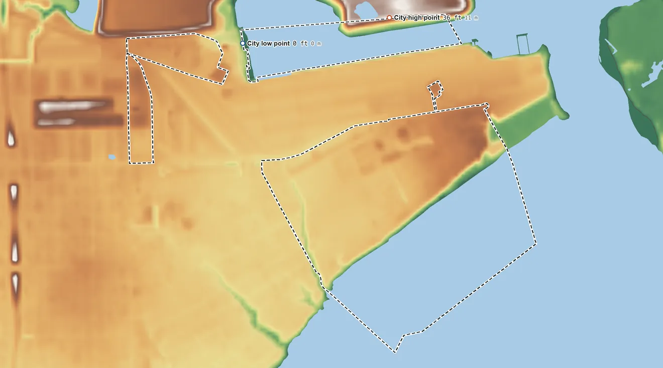 Topographic elevation map of Morgan's Point, Texas, shaded from sea level level on Lower San Jacinto Bay to 36 ft on the north side