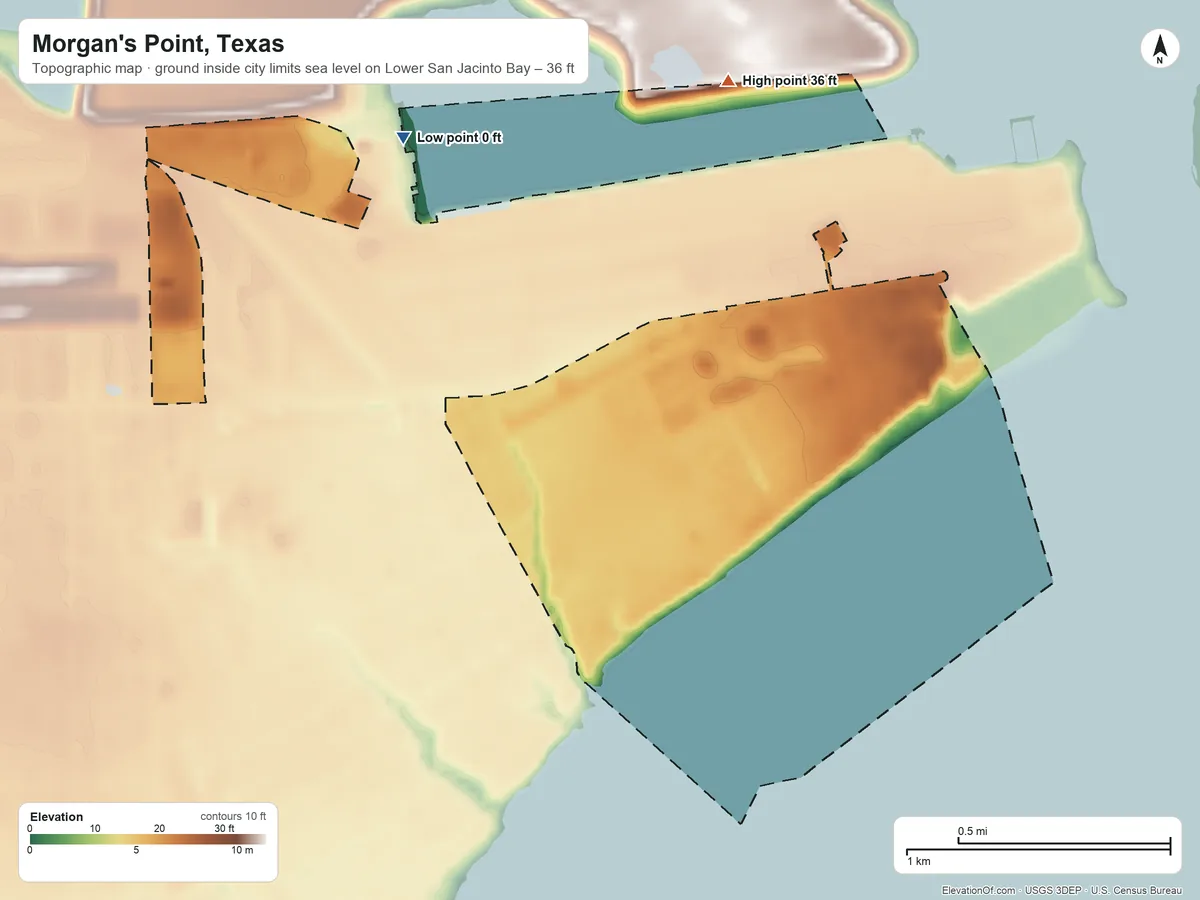Topographic elevation map of Morgan's Point, Texas, shaded from sea level level on Lower San Jacinto Bay to 36 ft on the north side