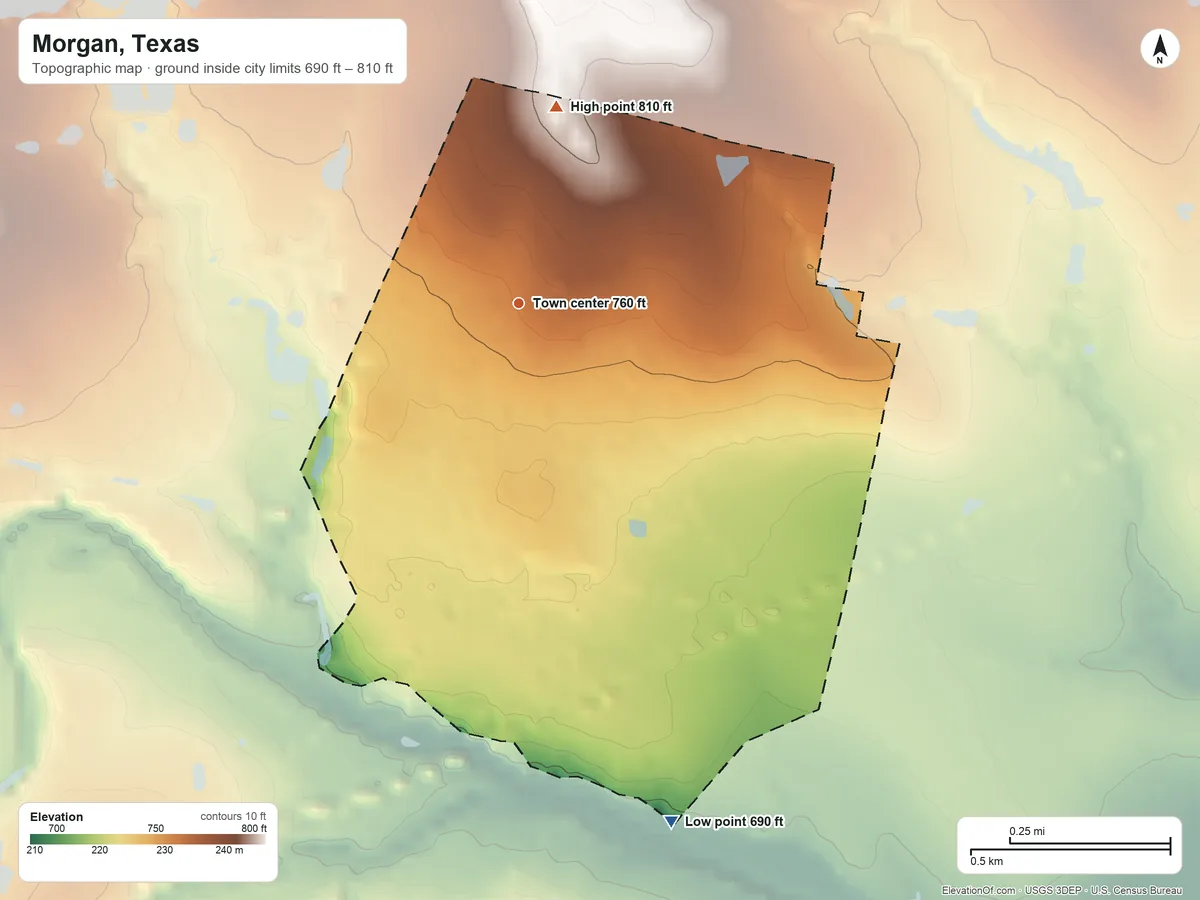 Topographic elevation map of Morgan, Texas, shaded from 690 ft on the south side to 810 ft on the north side
