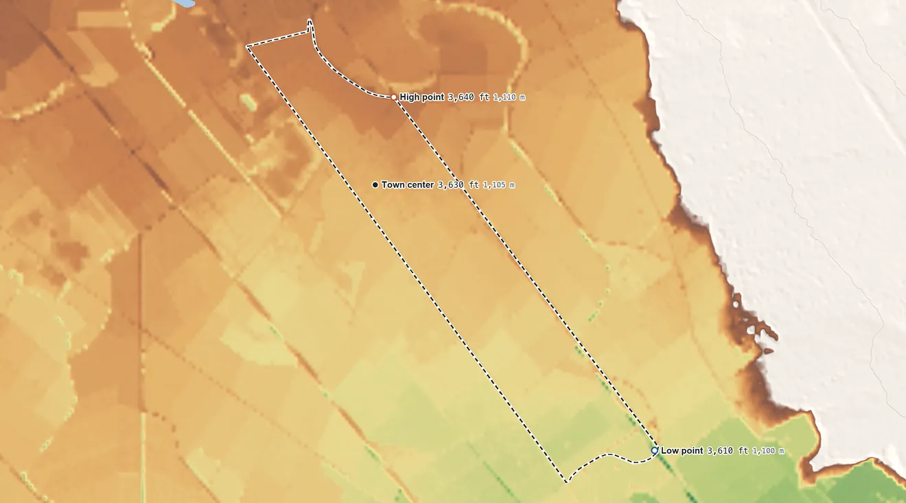 Topographic elevation map of Morning Glory, Texas, shaded from 3,610 ft on the southeast side to 3,640 ft on the north side