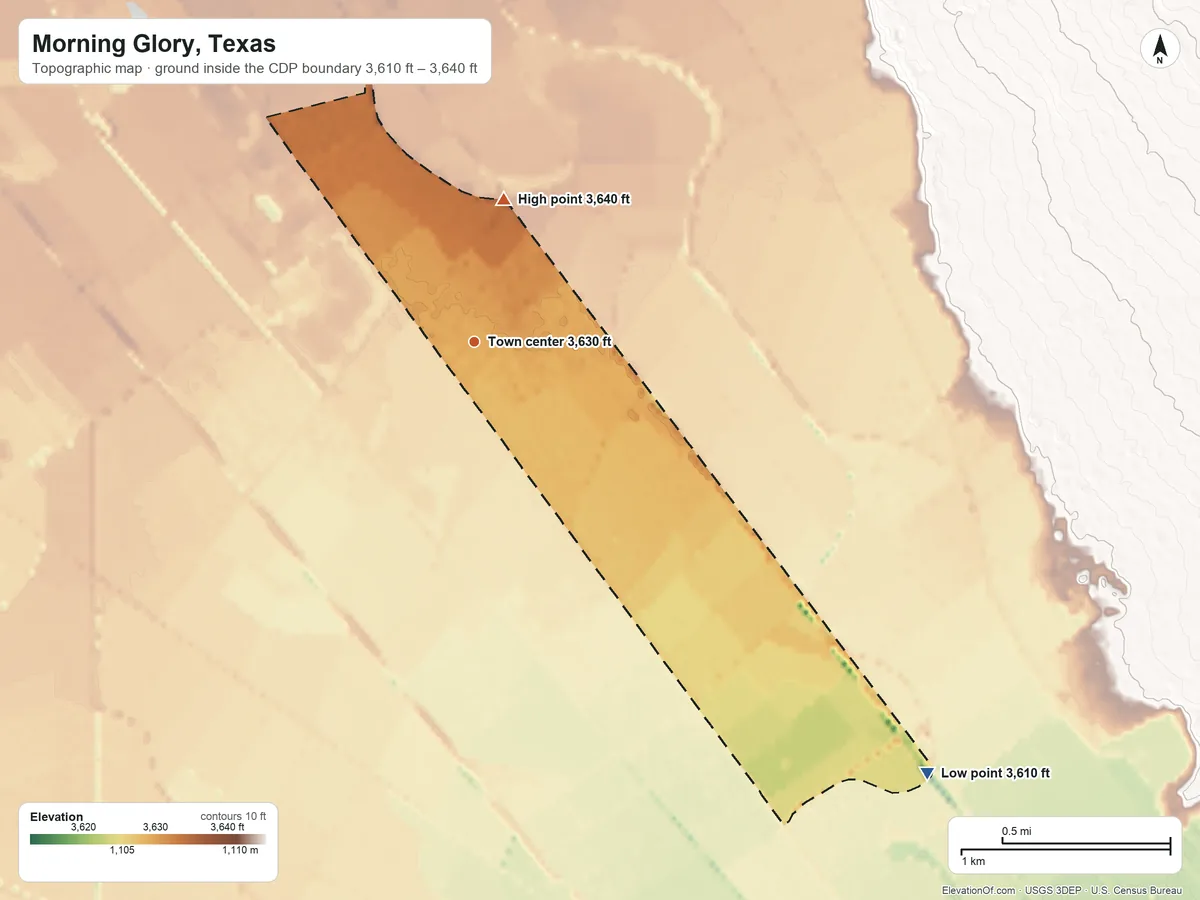 Topographic elevation map of Morning Glory, Texas, shaded from 3,610 ft on the southeast side to 3,640 ft on the north side
