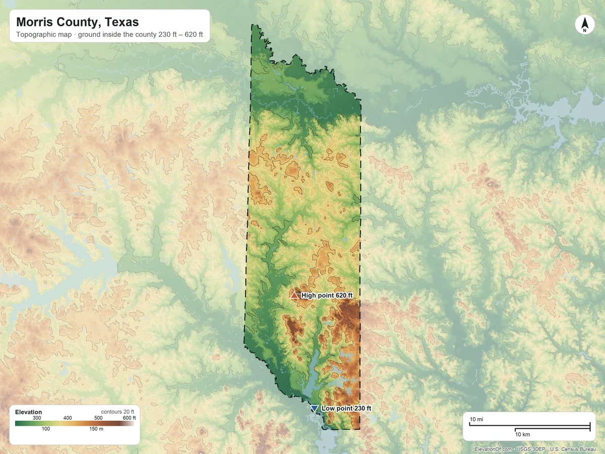 Topographic elevation map of Morris County, Texas, shaded from 230 ft on the south side to 620 ft on the south side
