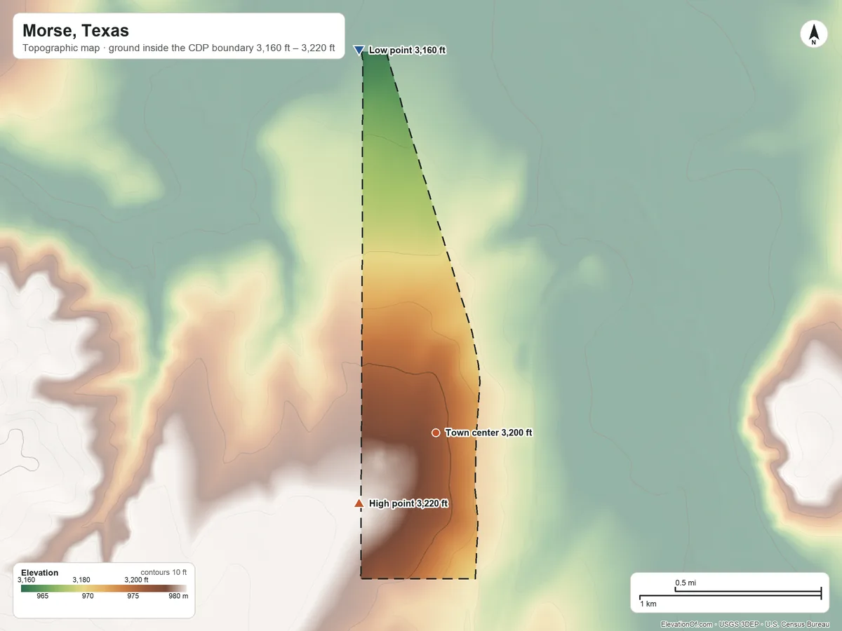 Topographic elevation map of Morse, Texas, shaded from 3,160 ft on the north side to 3,220 ft on the southwest side
