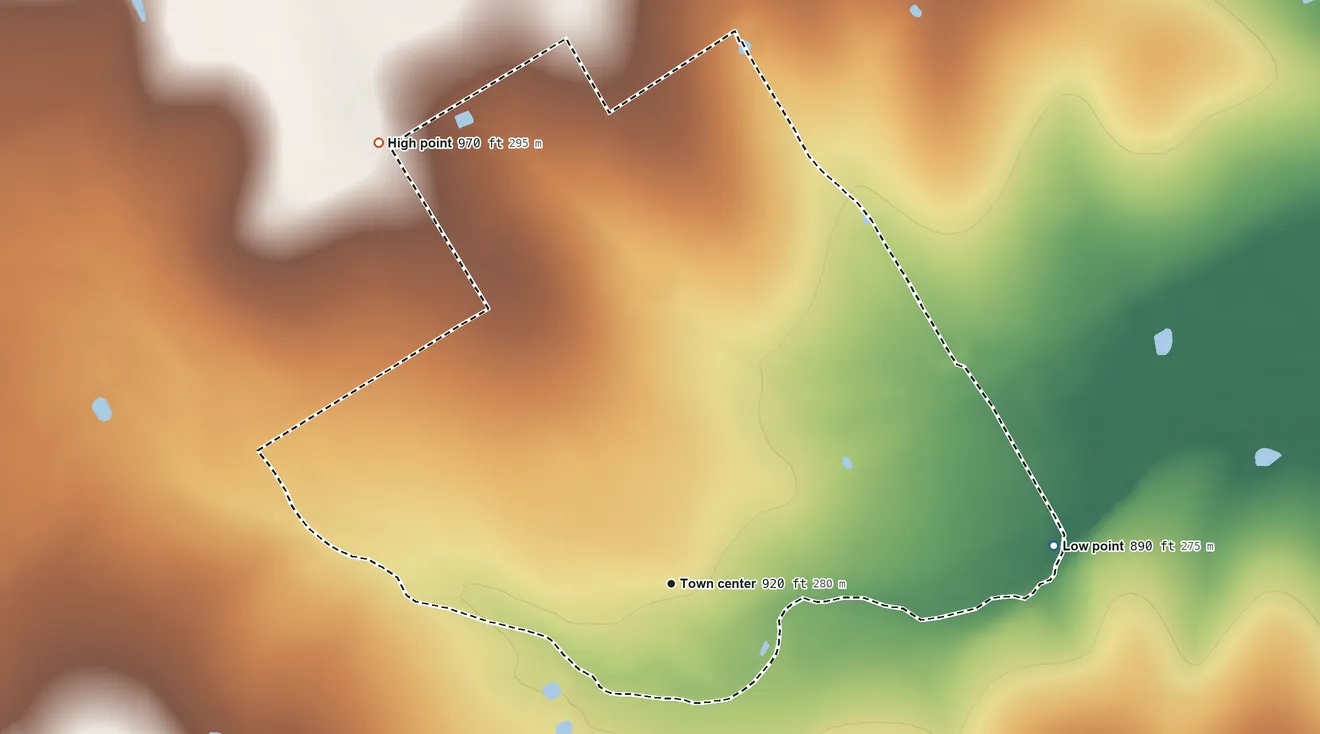 Topographic elevation map of Mosheim, Texas, shaded from 890 ft on the east side to 970 ft on the northwest side