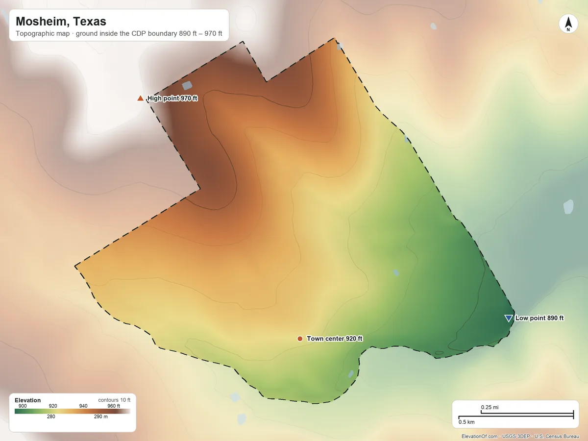 Topographic elevation map of Mosheim, Texas, shaded from 890 ft on the east side to 970 ft on the northwest side
