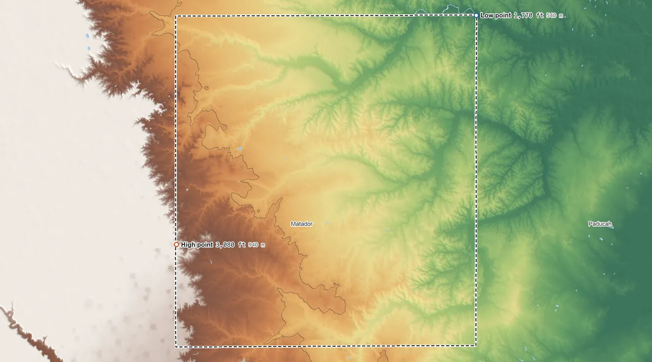 Topographic elevation map of Motley County, Texas, shaded from 1,770 ft on the northeast side to 3,080 ft on the southwest side