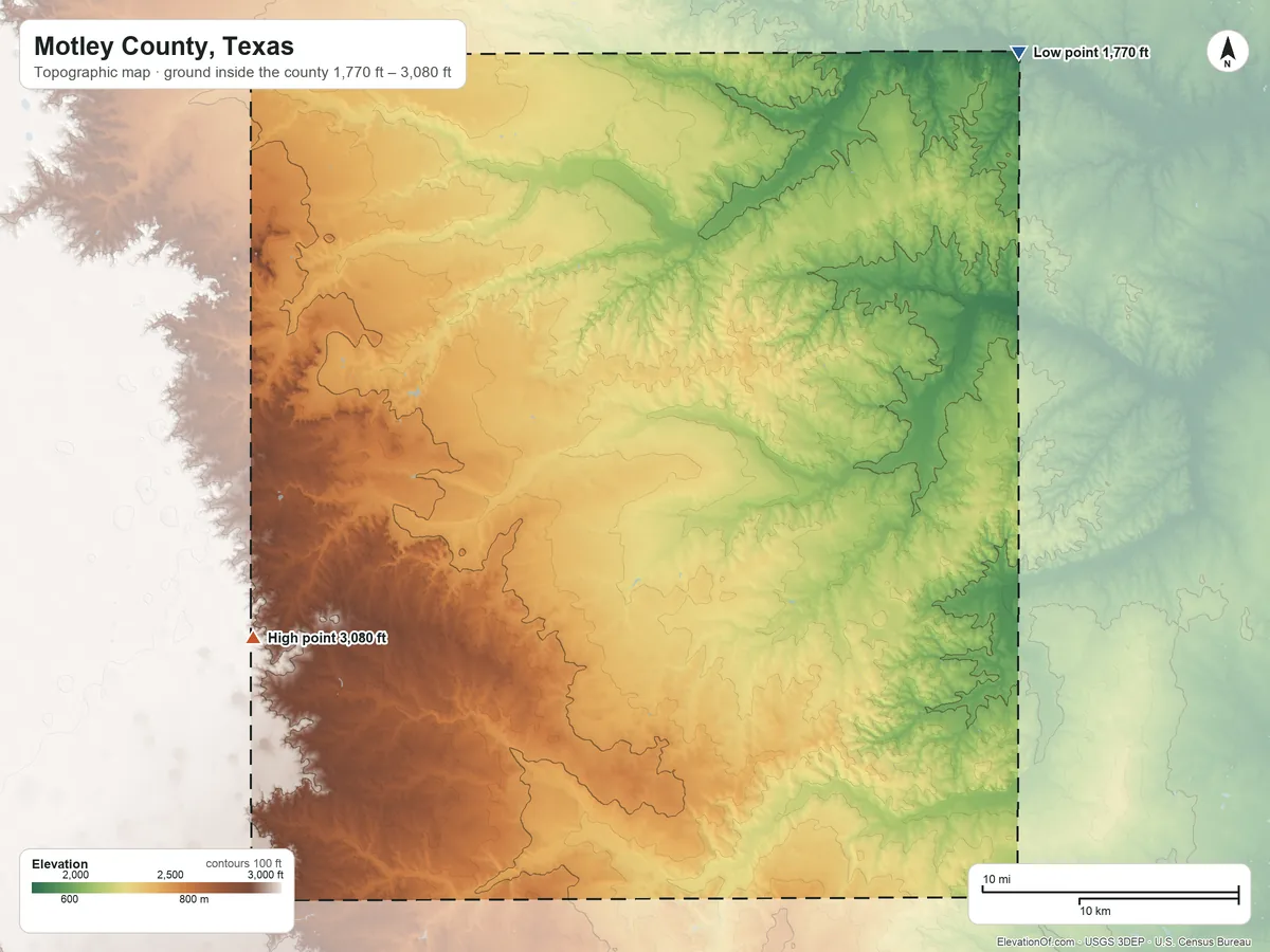 Topographic elevation map of Motley County, Texas, shaded from 1,770 ft on the northeast side to 3,080 ft on the southwest side