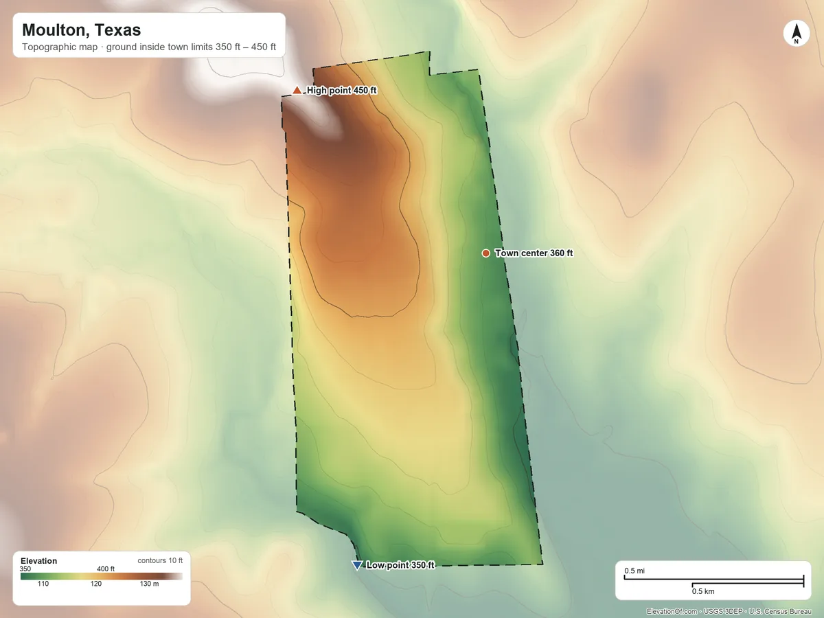 Topographic elevation map of Moulton, Texas, shaded from 350 ft on the south side to 450 ft on the northwest side