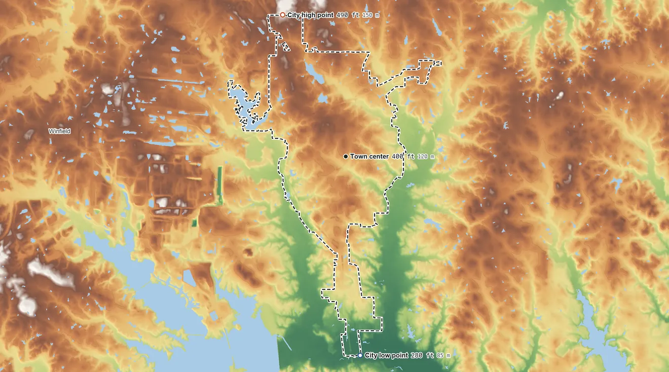 Topographic elevation map of Mount Pleasant, Texas, shaded from 280 ft on the south side to 490 ft on the northwest side