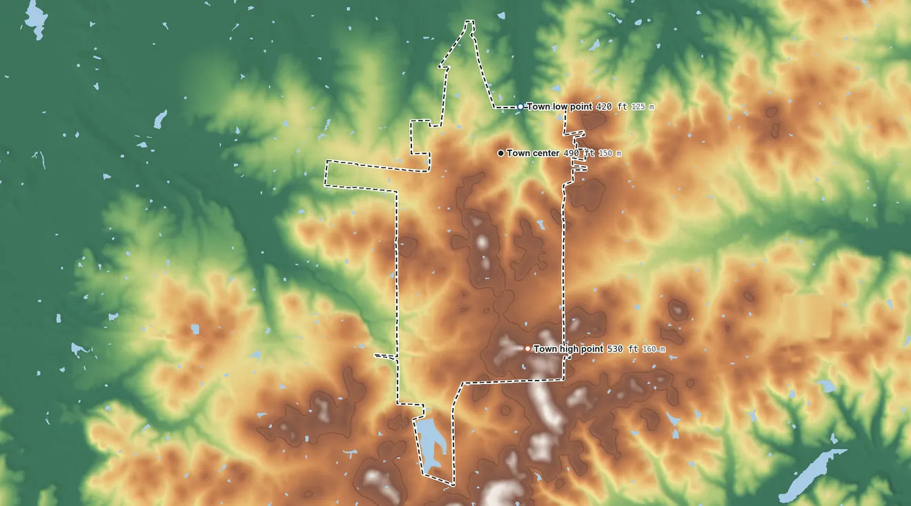 Topographic elevation map of Mount Vernon, Texas, shaded from 420 ft near the middle to 530 ft on the south side