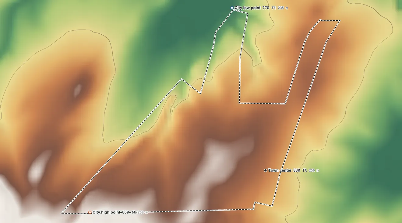 Topographic elevation map of Mountain City, Texas, shaded from 770 ft on the north side to 860 ft on the west side