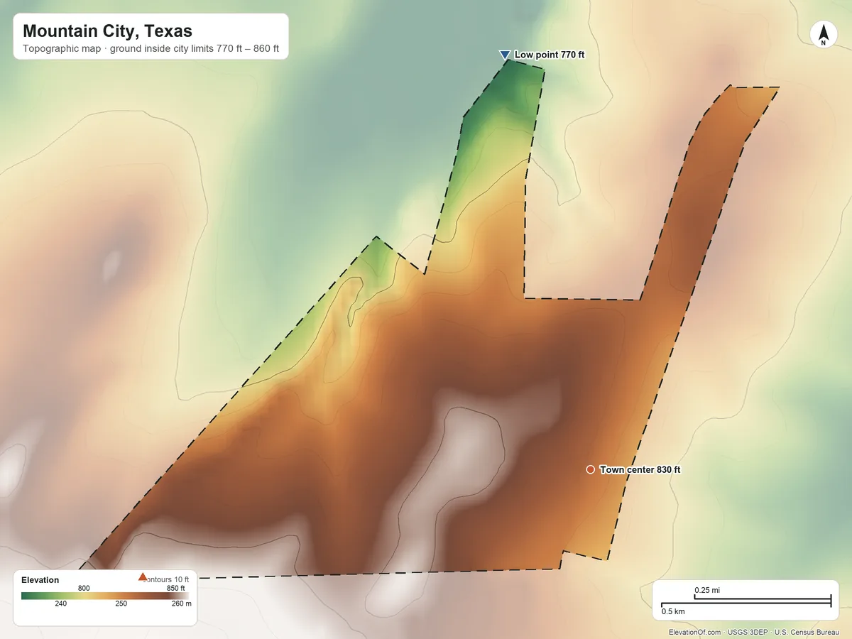 Topographic elevation map of Mountain City, Texas, shaded from 770 ft on the north side to 860 ft on the west side