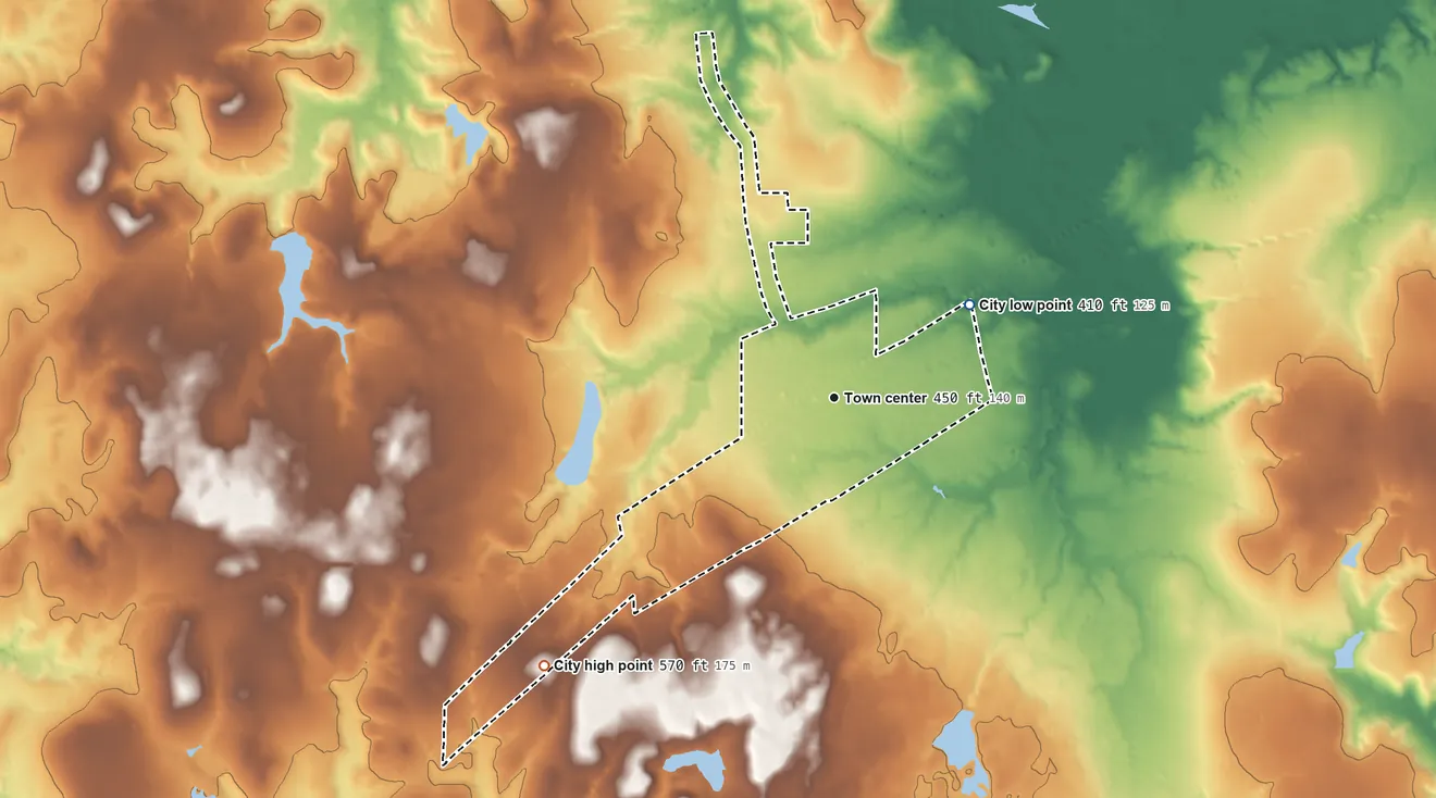 Topographic elevation map of Murchison, Texas, shaded from 410 ft on the northeast side to 570 ft on the southwest side