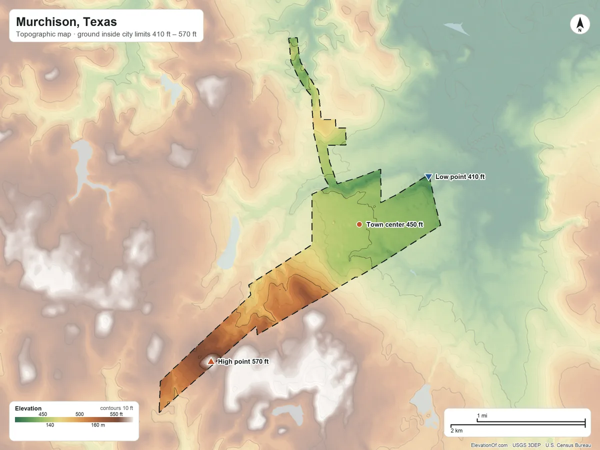 Topographic elevation map of Murchison, Texas, shaded from 410 ft on the northeast side to 570 ft on the southwest side