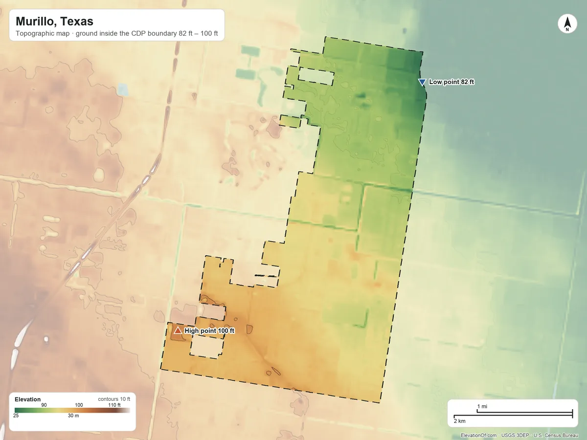 Topographic elevation map of Murillo, Texas, shaded from 82 ft on the northeast side to 100 ft on the southwest side