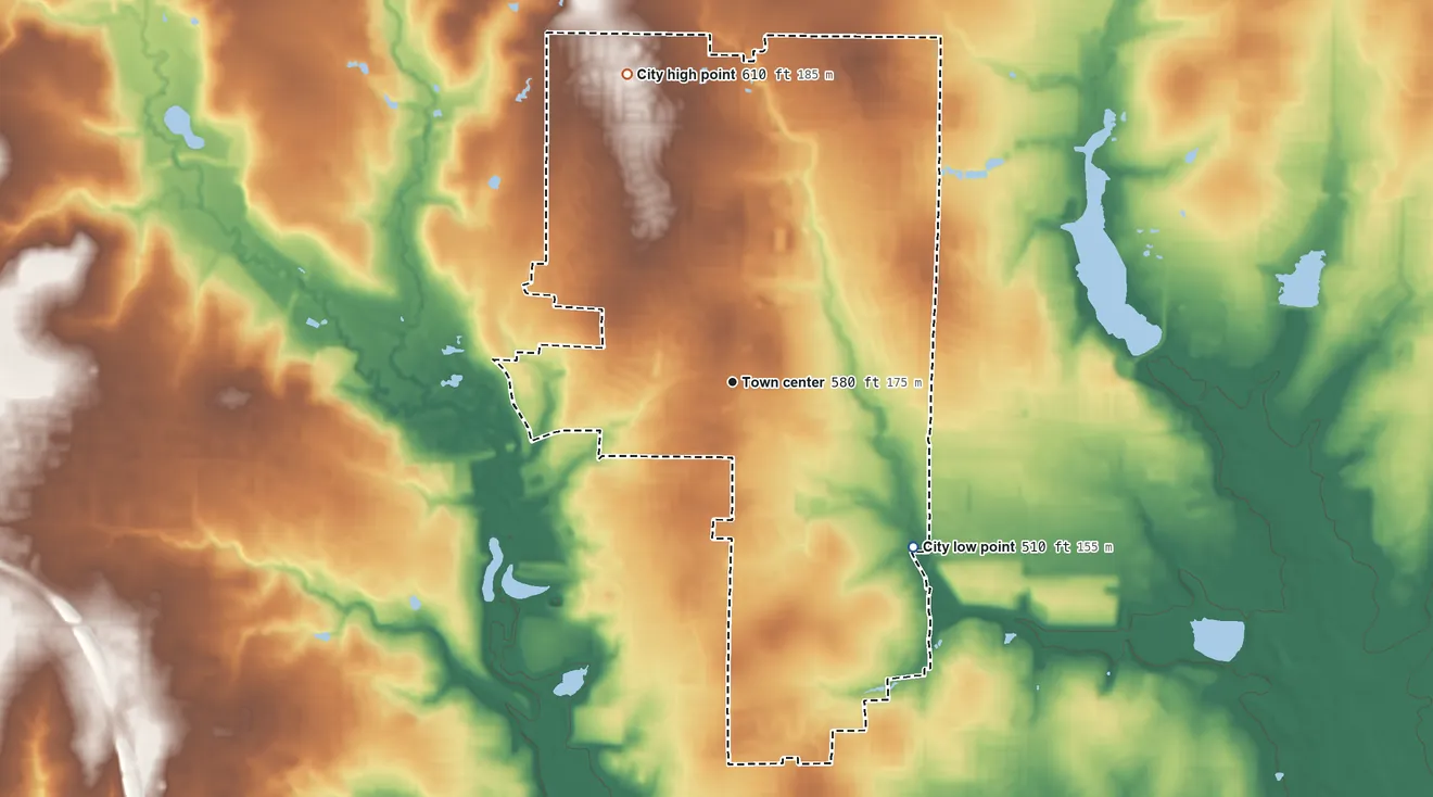Topographic elevation map of Murphy, Texas, shaded from 510 ft on the southeast side to 610 ft on the north side