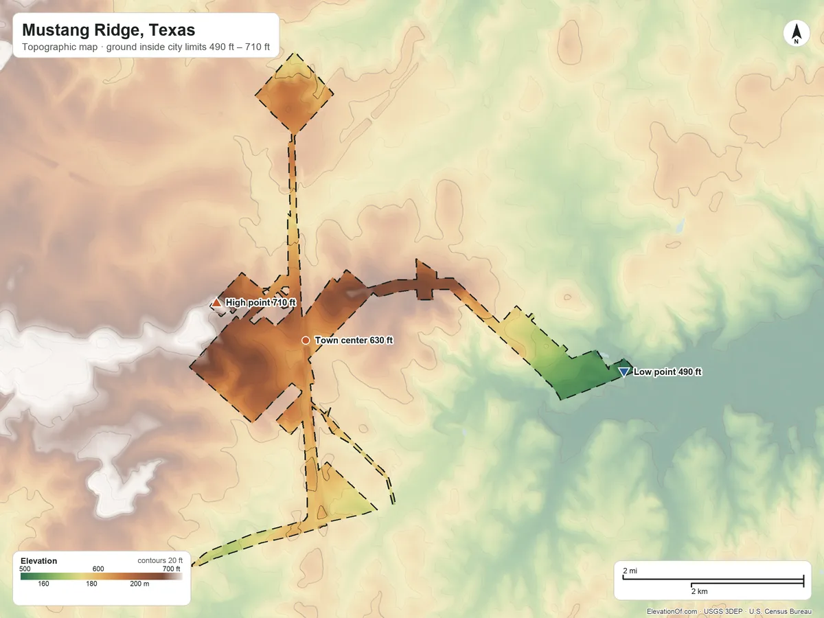 Topographic elevation map of Mustang Ridge, Texas, shaded from 490 ft on the east side to 710 ft on the northwest side