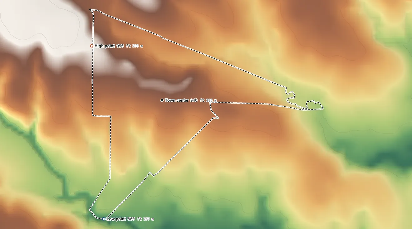 Topographic elevation map of Myra, Texas, shaded from 860 ft on the southwest side to 950 ft on the northwest side