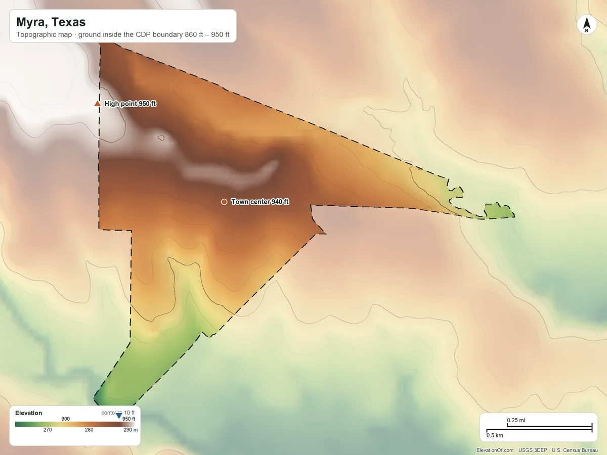 Topographic elevation map of Myra, Texas, shaded from 860 ft on the southwest side to 950 ft on the northwest side