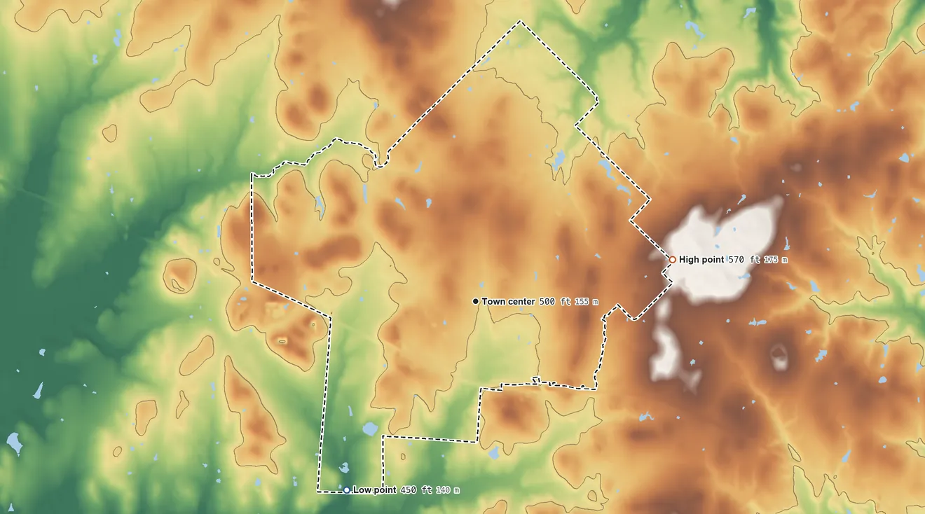 Topographic elevation map of Myrtle Springs, Texas, shaded from 450 ft on the southwest side to 570 ft on the east side