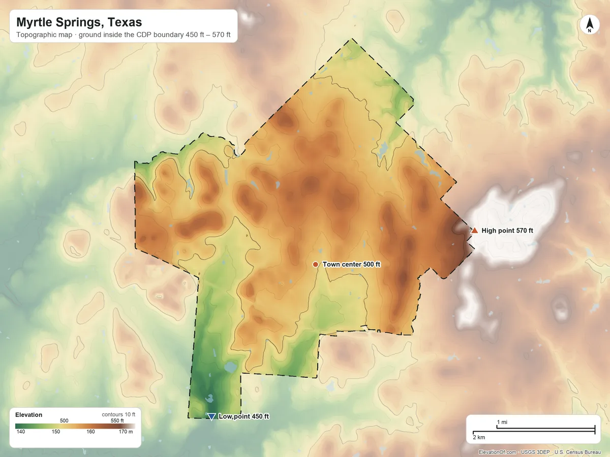Topographic elevation map of Myrtle Springs, Texas, shaded from 450 ft on the southwest side to 570 ft on the east side