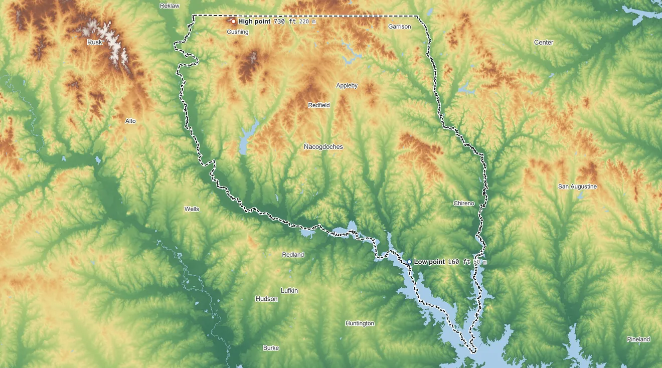 Topographic elevation map of Nacogdoches County, Texas, shaded from 160 ft on the southeast side to 730 ft on Button Mountain