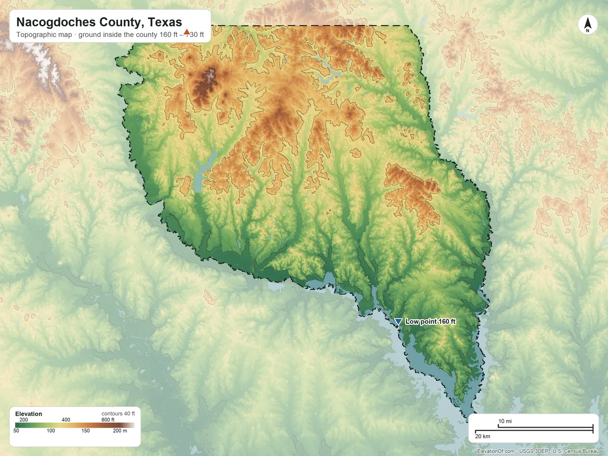 Topographic elevation map of Nacogdoches County, Texas, shaded from 160 ft on the southeast side to 730 ft on Button Mountain