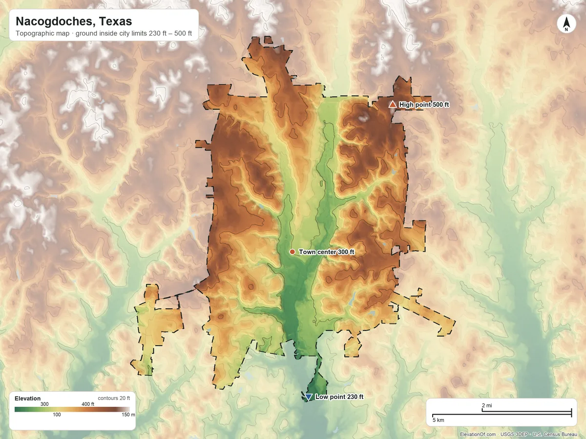 Topographic elevation map of Nacogdoches, Texas, shaded from 230 ft on the south side to 500 ft on the northeast side