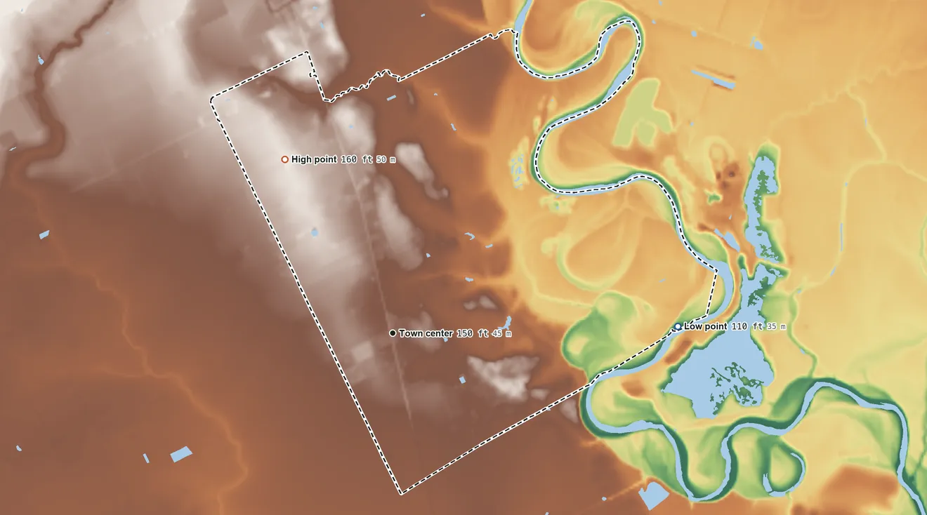Topographic elevation map of Nada, Texas, shaded from 110 ft on the east side to 160 ft on the northwest side