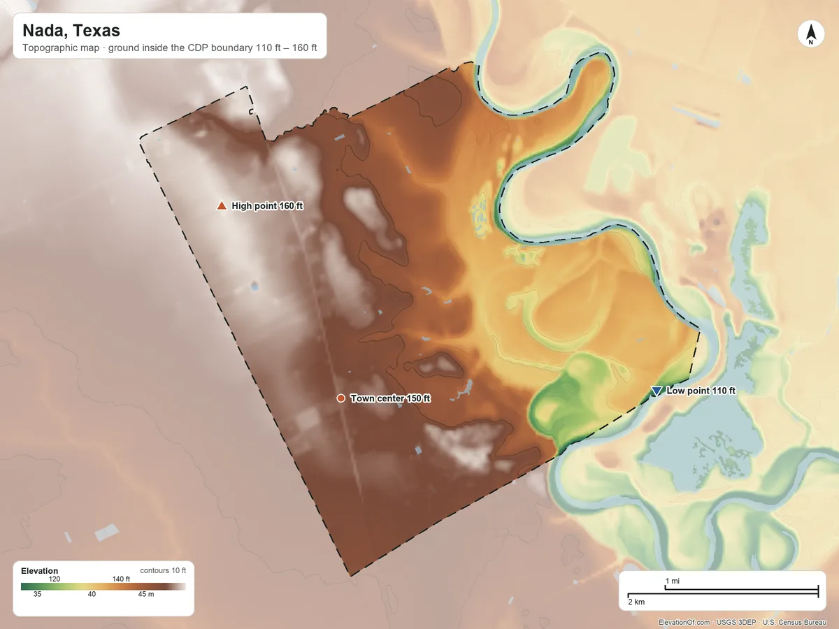 Topographic elevation map of Nada, Texas, shaded from 110 ft on the east side to 160 ft on the northwest side