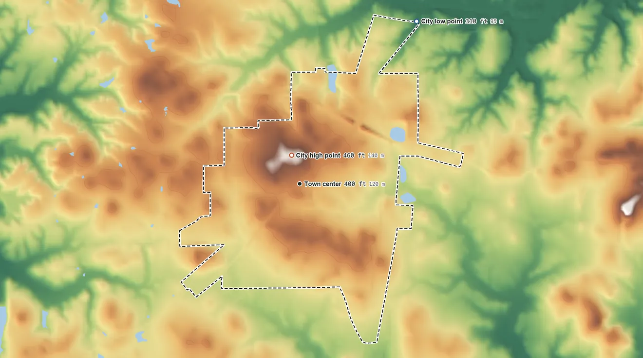 Topographic elevation map of Naples, Texas, shaded from 310 ft on the northeast side to 460 ft near the middle
