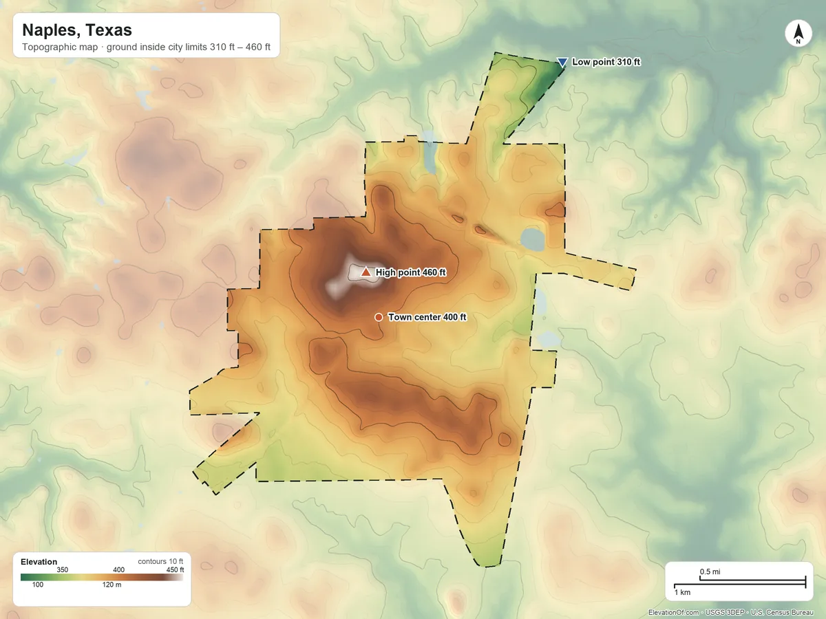 Topographic elevation map of Naples, Texas, shaded from 310 ft on the northeast side to 460 ft near the middle