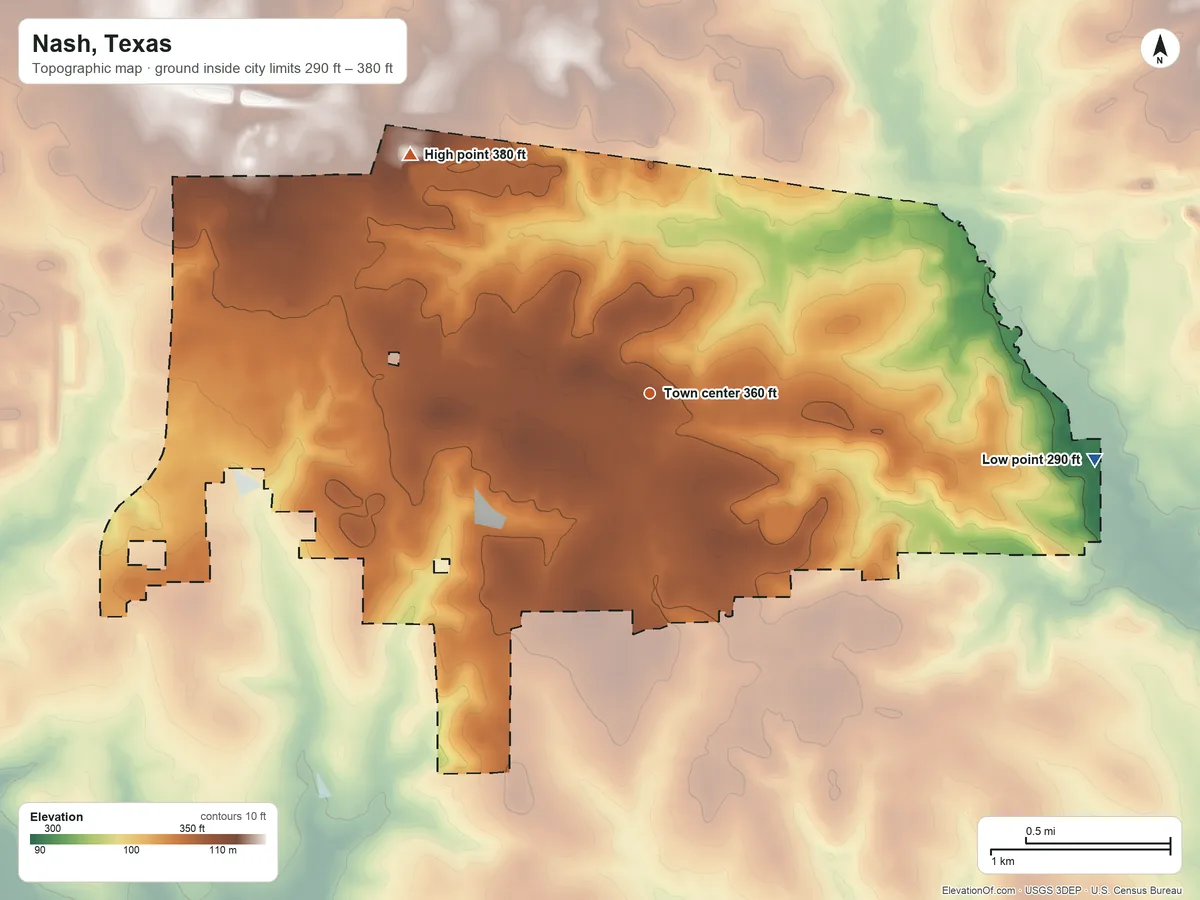 Topographic elevation map of Nash, Texas, shaded from 290 ft on the east side to 380 ft on the northwest side