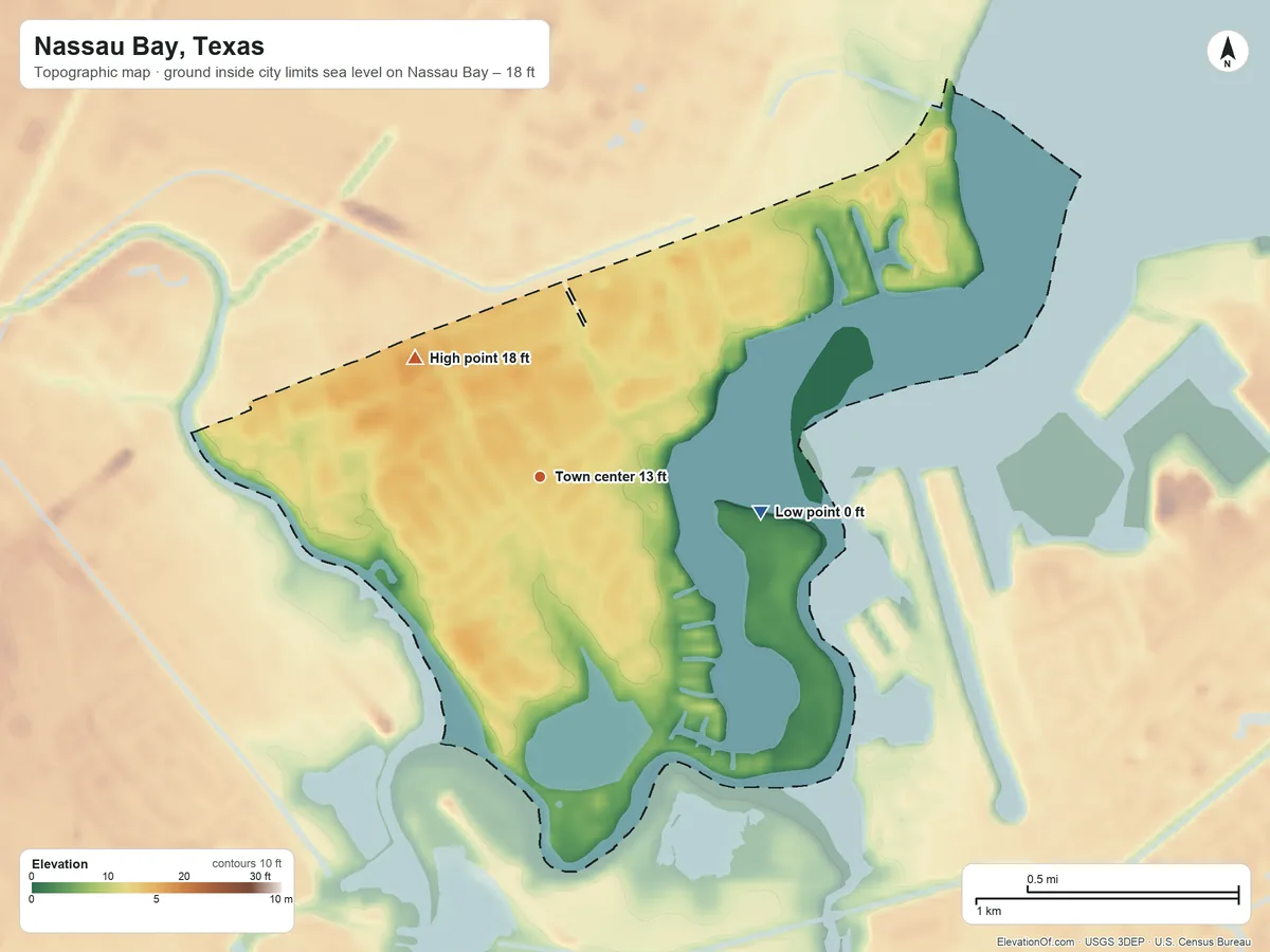 Topographic elevation map of Nassau Bay, Texas, shaded from sea level level on Nassau Bay to 18 ft on the northwest side