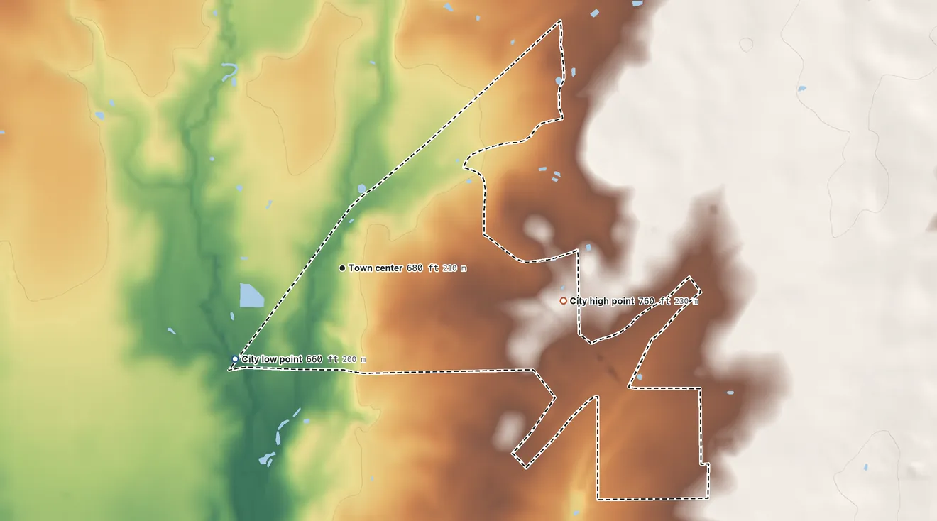 Topographic elevation map of Natalia, Texas, shaded from 660 ft on the southwest side to 760 ft on the east side
