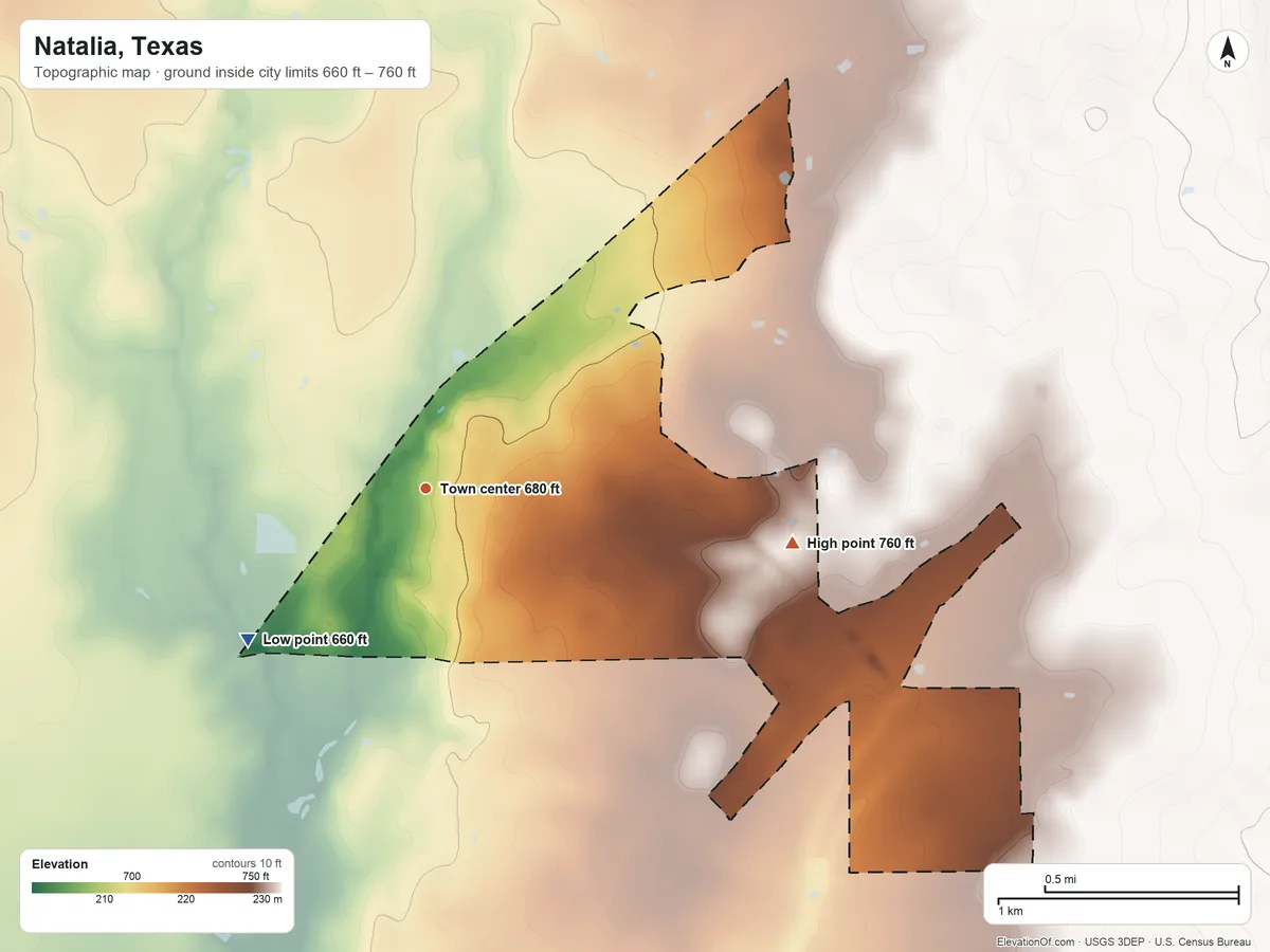 Topographic elevation map of Natalia, Texas, shaded from 660 ft on the southwest side to 760 ft on the east side