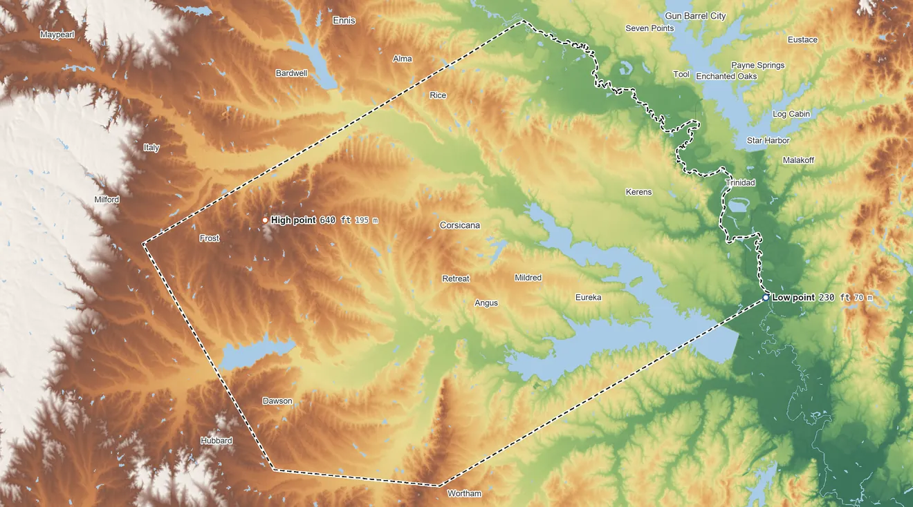 Topographic elevation map of Navarro County, Texas, shaded from 230 ft on the east side to 640 ft on the west side