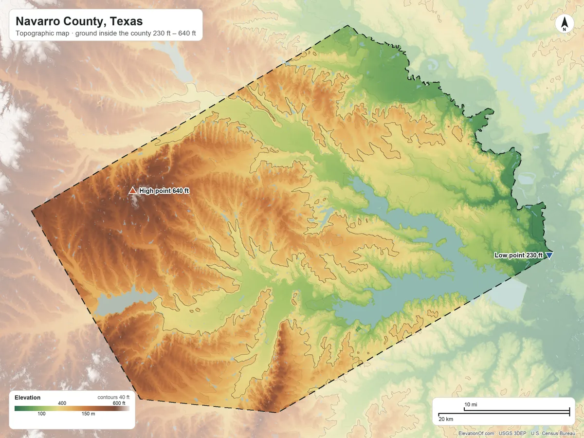 Topographic elevation map of Navarro County, Texas, shaded from 230 ft on the east side to 640 ft on the west side