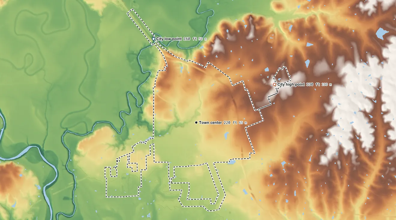 Topographic elevation map of Navasota, Texas, shaded from 160 ft on the northwest side to 330 ft on the northeast side