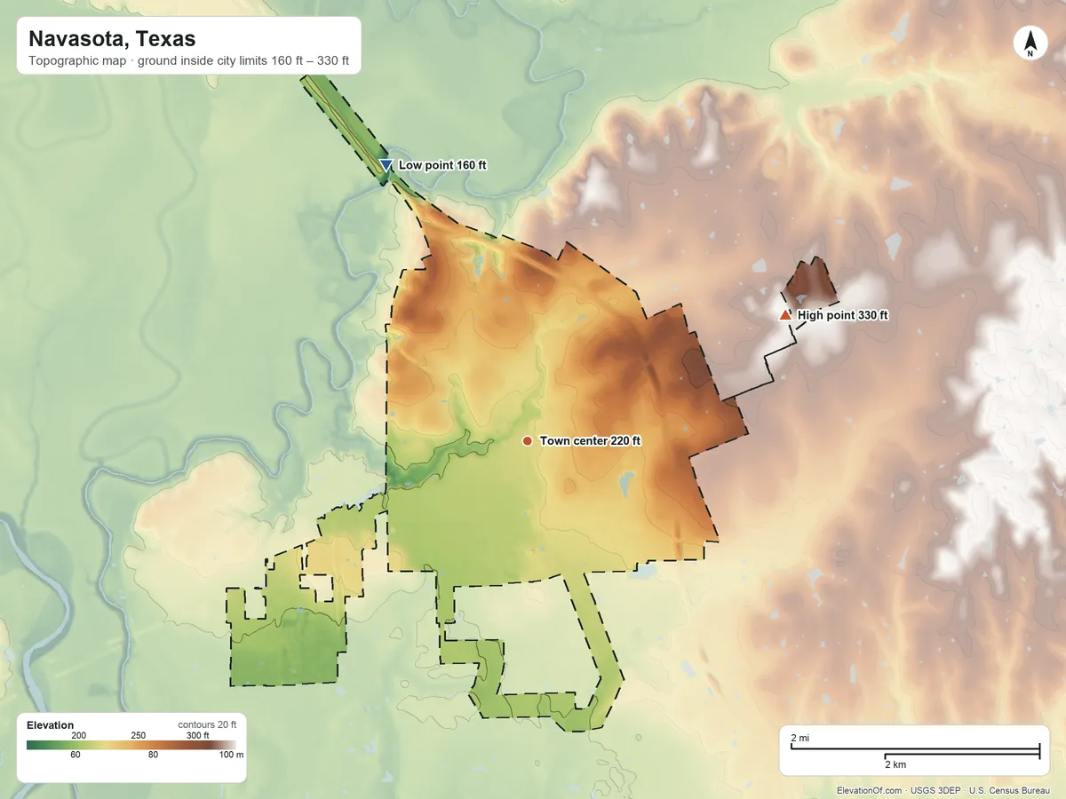 Topographic elevation map of Navasota, Texas, shaded from 160 ft on the northwest side to 330 ft on the northeast side