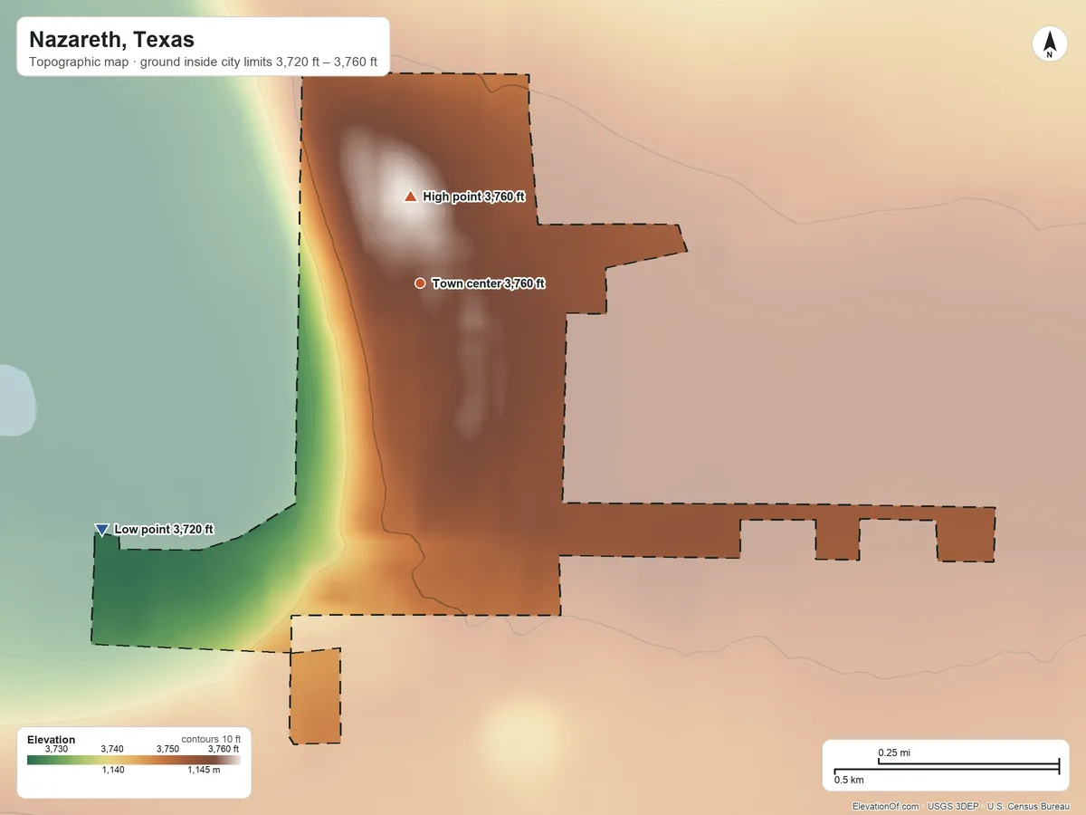 Topographic elevation map of Nazareth, Texas, shaded from 3,720 ft on the southwest side to 3,760 ft near the middle