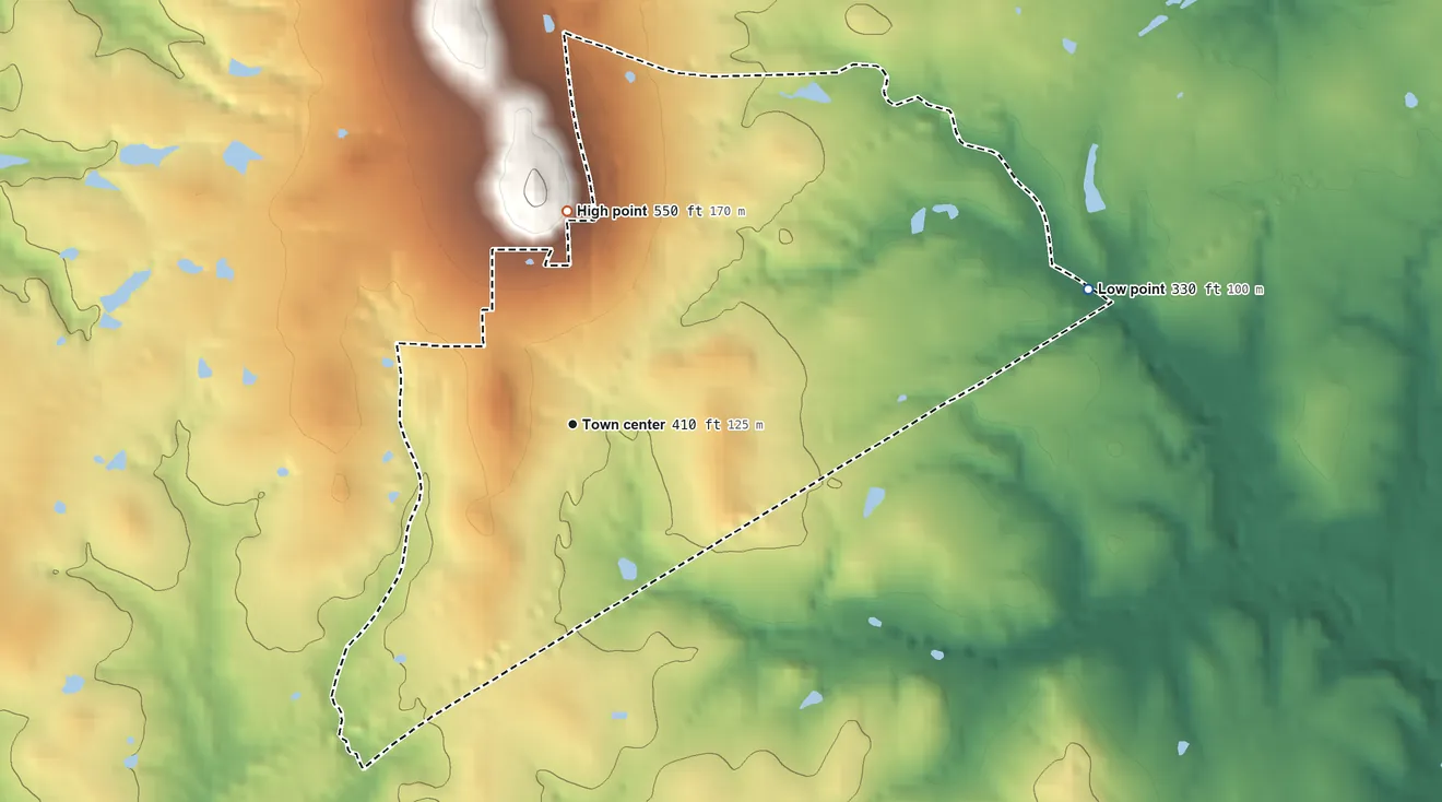 Topographic elevation map of Neches, Texas, shaded from 330 ft on the east side to 550 ft on the north edge, below higher ground just outside