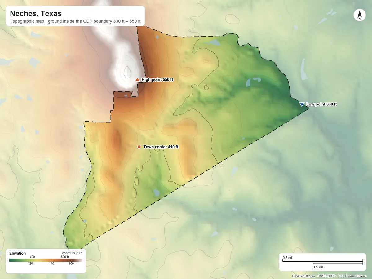 Topographic elevation map of Neches, Texas, shaded from 330 ft on the east side to 550 ft on the north edge, below higher ground just outside