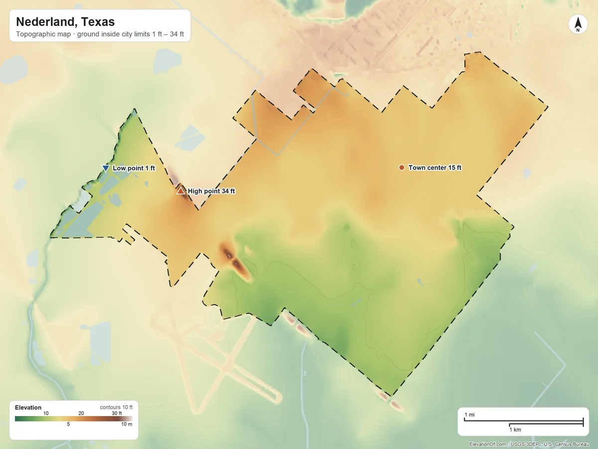 Topographic elevation map of Nederland, Texas, shaded from 1 ft on the west side to 34 ft on the west side