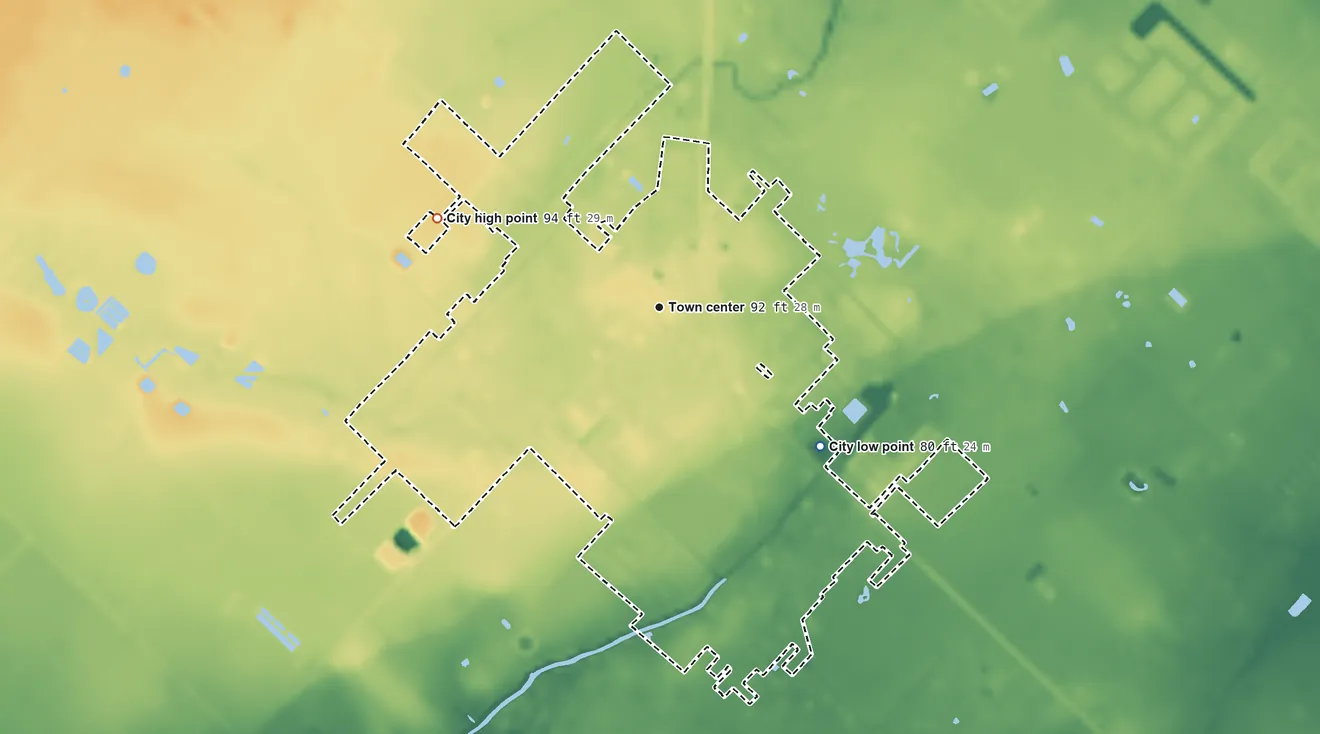 Topographic elevation map of Needville, Texas, shaded from 80 ft on the southeast side to 94 ft on the west side