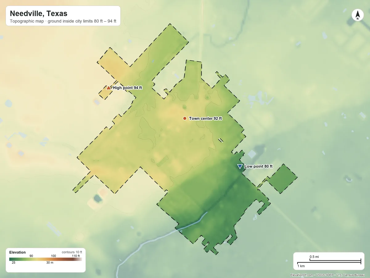 Topographic elevation map of Needville, Texas, shaded from 80 ft on the southeast side to 94 ft on the west side
