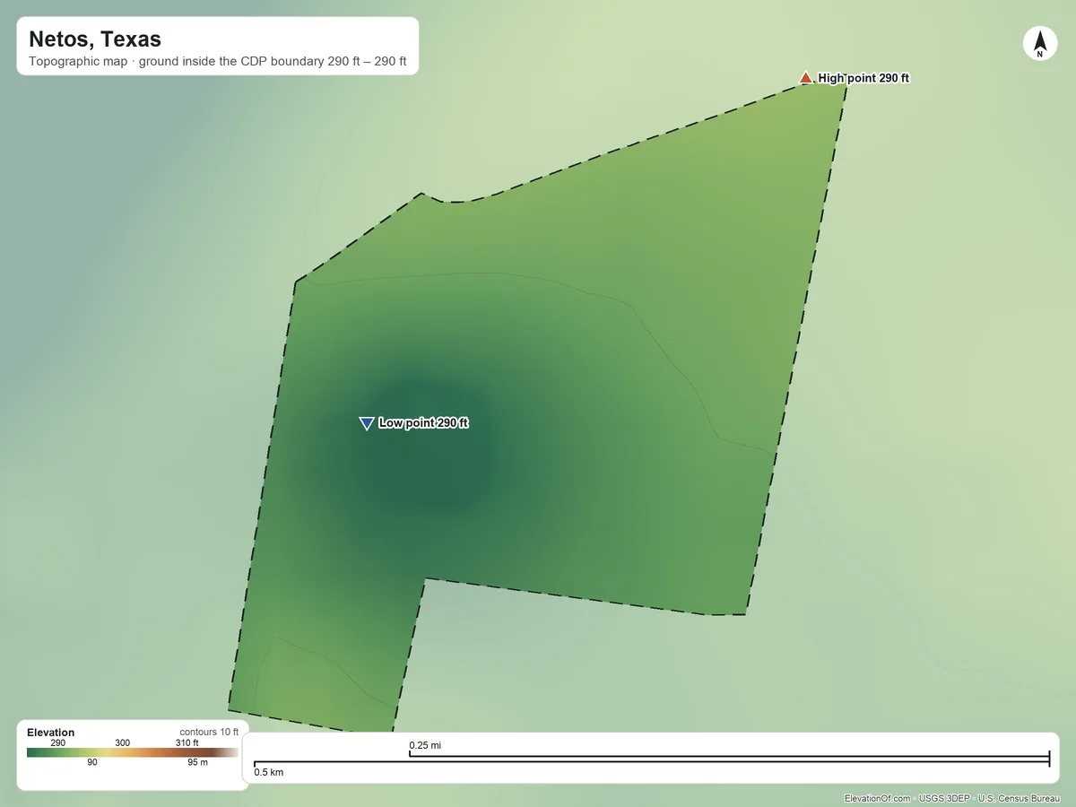 Topographic elevation map of Netos, Texas, shaded from 290 ft on the west side to 290 ft on the northeast side