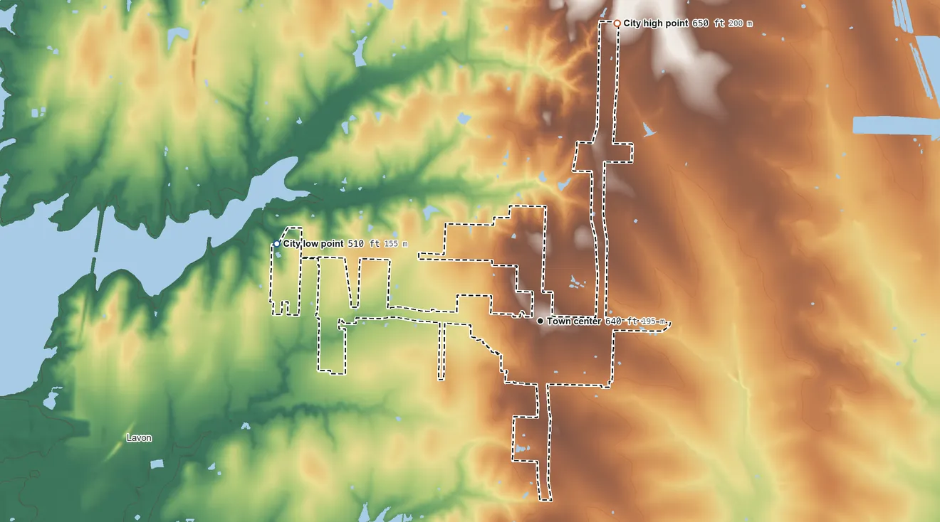 Topographic elevation map of Nevada, Texas, shaded from 510 ft on the west side to 650 ft on the north side